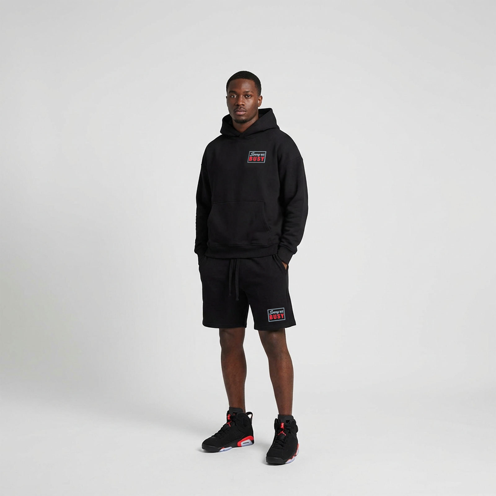 Sorry We Busy Embroidered Short